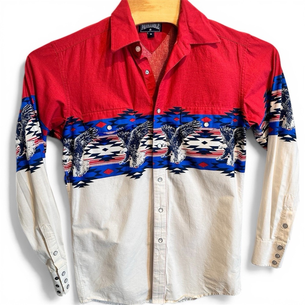 Panhandle Mens Aztec Border Eagle Pearl Snap Long Sleeve Western Sz Medium